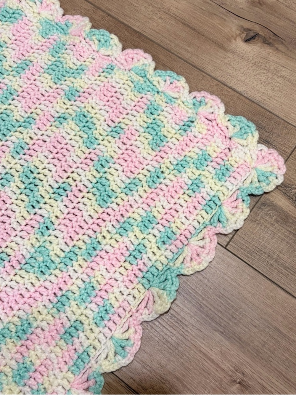 Vintage Crochet Baby Blanket Pastel Cottagecore Handmade Knit Throw Pink Yellow - Picture 3 of 6